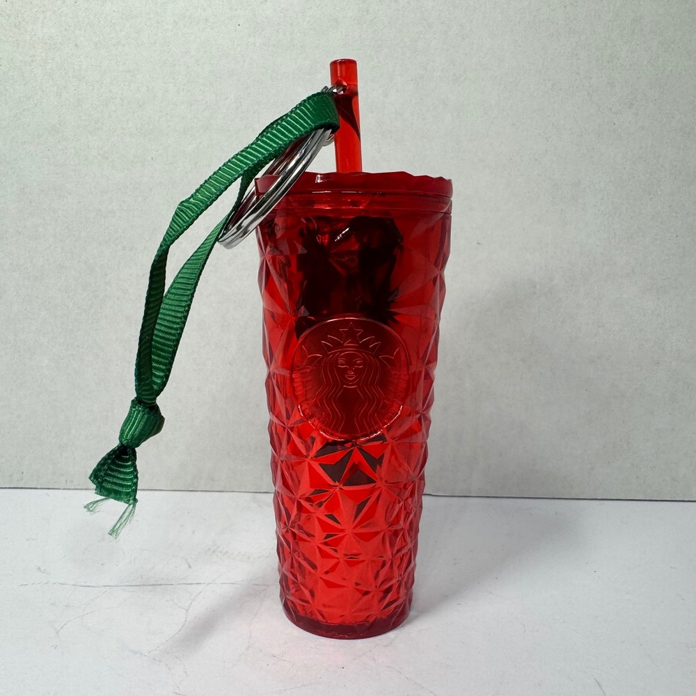 Starbucks Red Jeweled Faceted‎ Cold Cup Tumbler Keychain Ornament 3.5 Inches EUC